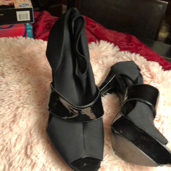 Bebe Black Fabric and Patent Open Toe Heels - Picture 2 of 3